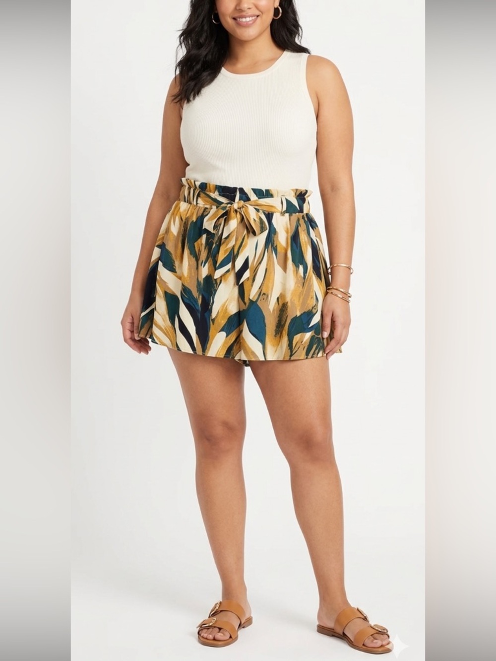 Paperbag Shorts Plus Size Brown/Dark Teal Abstract Pattern Size 1XL